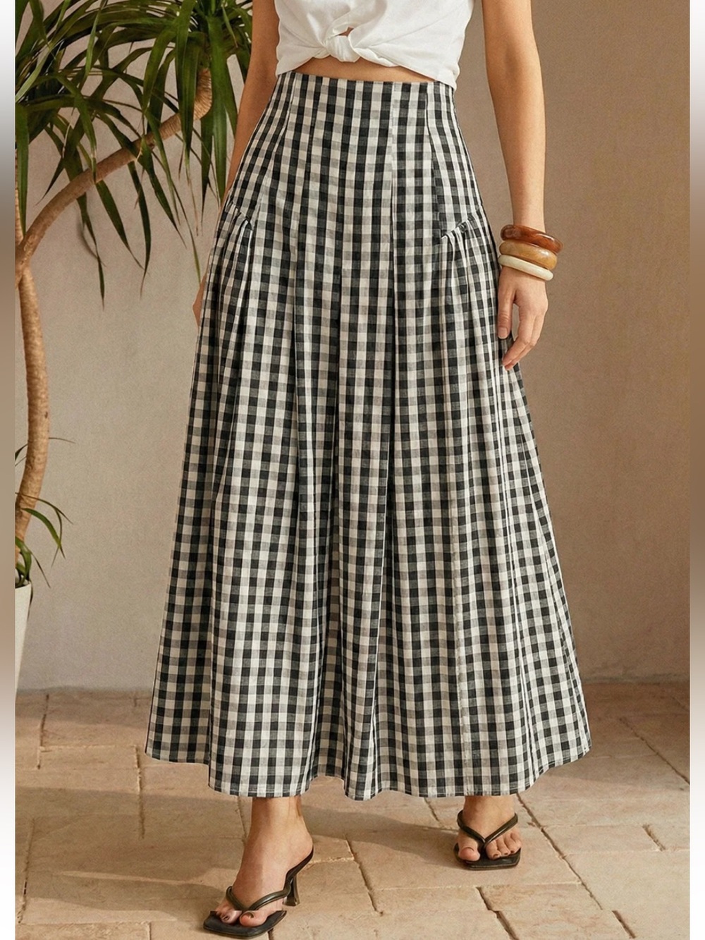 Commense Gingham High-Waisted Pleated Midi Skirt NWT - Picture 2 of 5